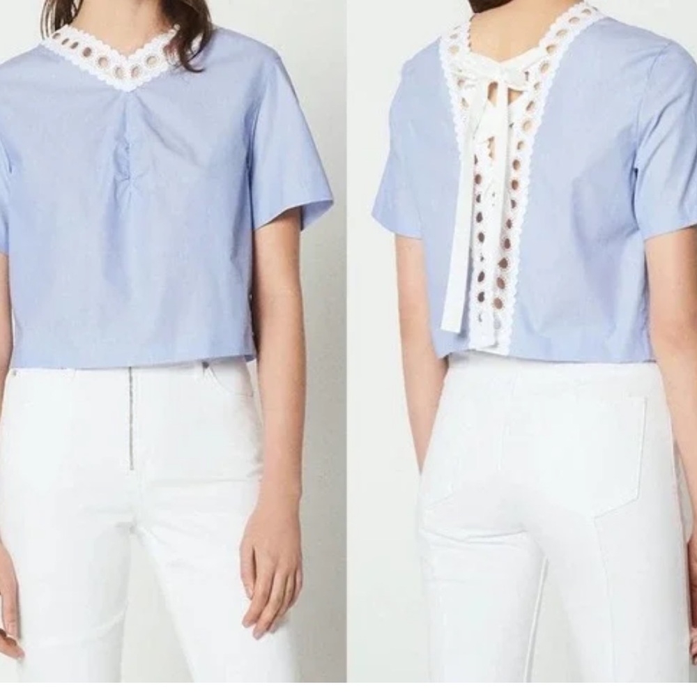 Sandro Light Blue Cropped Lace-Trim Top